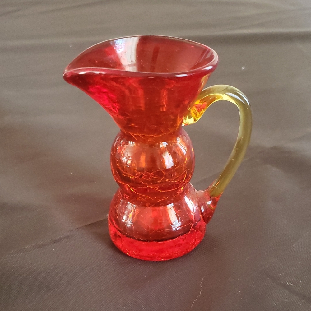 Red Crackle Glass Pitcher with Amber Handle